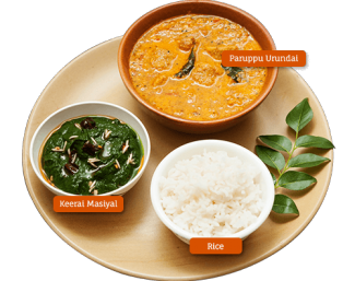 Paruppu Urundai Kulambu, Keerai Masiyal and Rice 