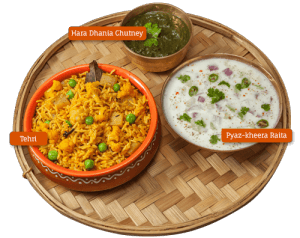 Tehri, Hara Dhania Chutney and Pyaz-Kheera Raita