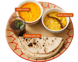 Haldi Ki Sabzi, Mooli Chana Dal, Amlana and roti Haldi Ki Sabzi, Mooli Chana Dal, Amlana and roti