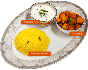 Badshahi Khichdi, aloo and tempered curd