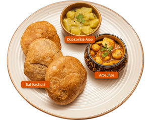 Mathura Ke Dubkiwale Aloo and Arbi Jhol with Dal Kachori