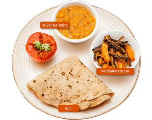Tuvar Na Totha with Karela Batata Fry and Bharela Tameta and Roti Tuvar Na Totha with Karela Batata Fry and Bharela Tameta and Roti
