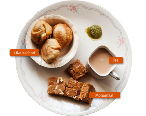 Lilva Kachori & Mohanthal with a hot cup of tea Lilva Kachori & Mohanthal with a hot cup of tea